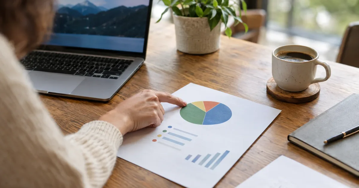 Main désignant un graphique de répartition d'épargne sur un document posé sur une table en bois