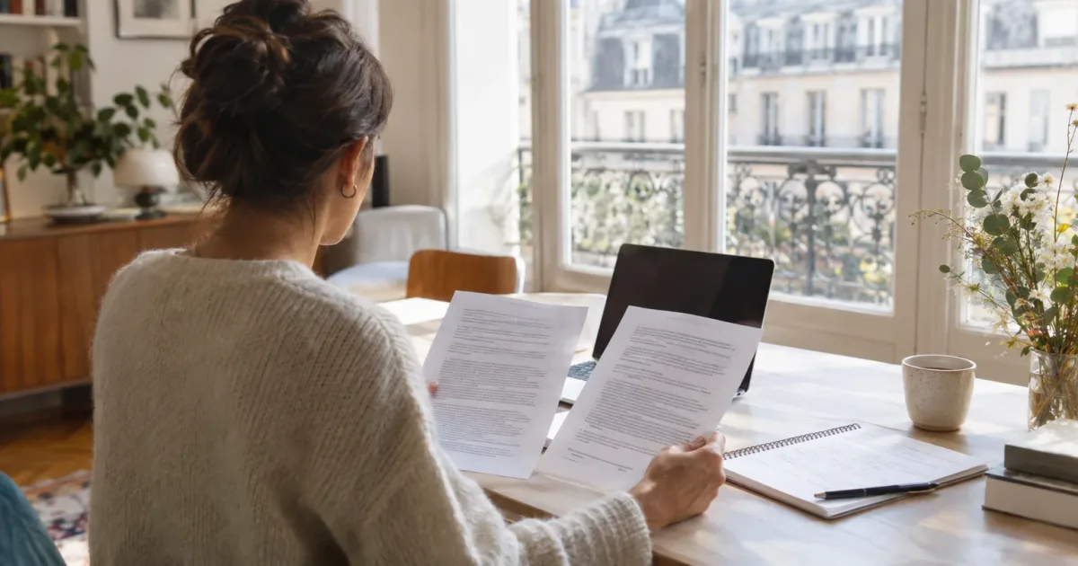 Jeune actif comparant deux contrats d'épargne à son bureau dans un appartement parisien lumineux